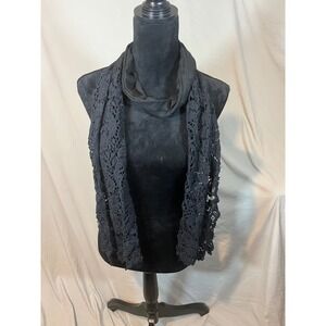 Womens Black Mixed Media Scarf with Floral Crochet Lace Trim Accent
